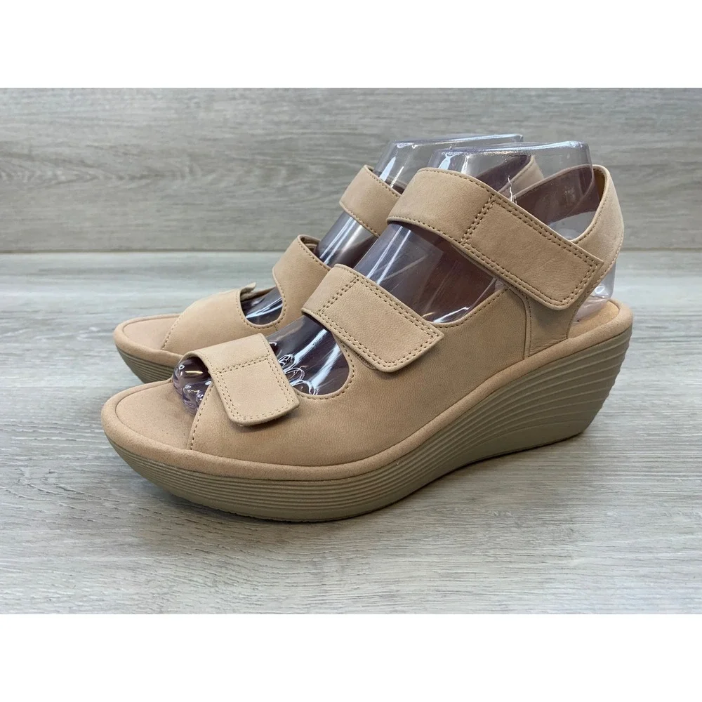 Clarks Reedly Juno Women's Tan Wedge Sandals 8 M Cushion Soft Strappy Shoes